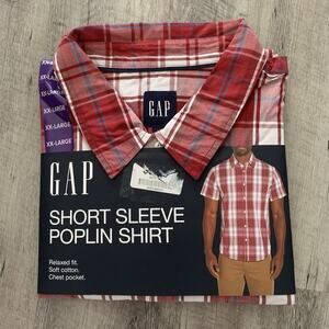 GAP Plaid Shirt Mens XXL Red Short Sleeve Button-Up Cotton Poplin Stretch NEW